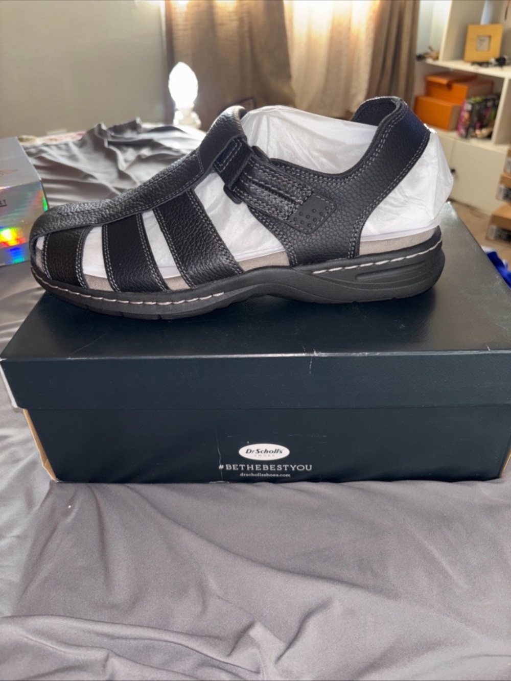 Dr. Scholl's Men's Black Leather Closed-Toe Fisherman Sandals